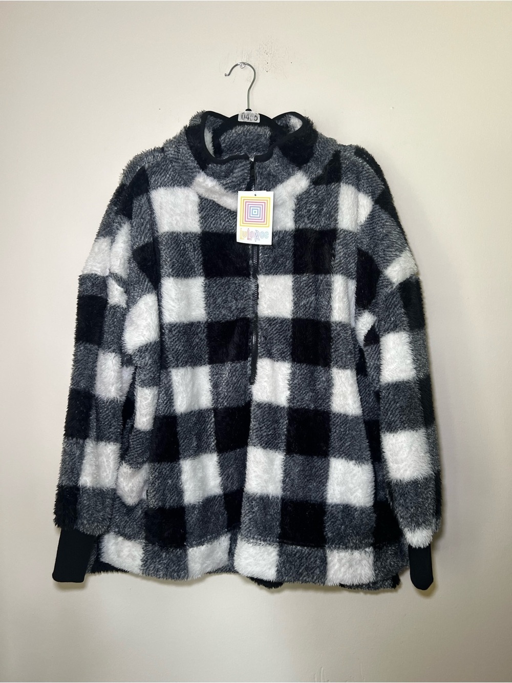 LuLaRoe Nancy Black and White Buffalo Check Fuzzy Half Zip Sweater